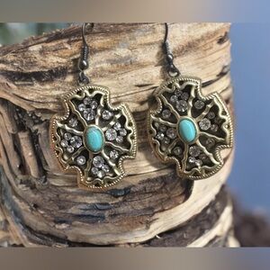 Two Tone Turquoise Rhinestone Dangle Earrings